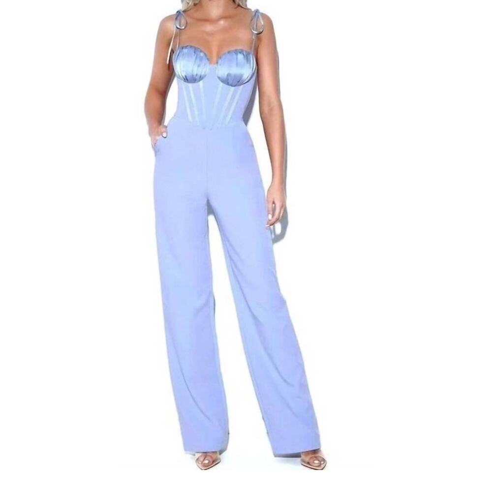NWT Miss Circle Sarina Baby Blue Satin Corset Jumpsuit - Size Small